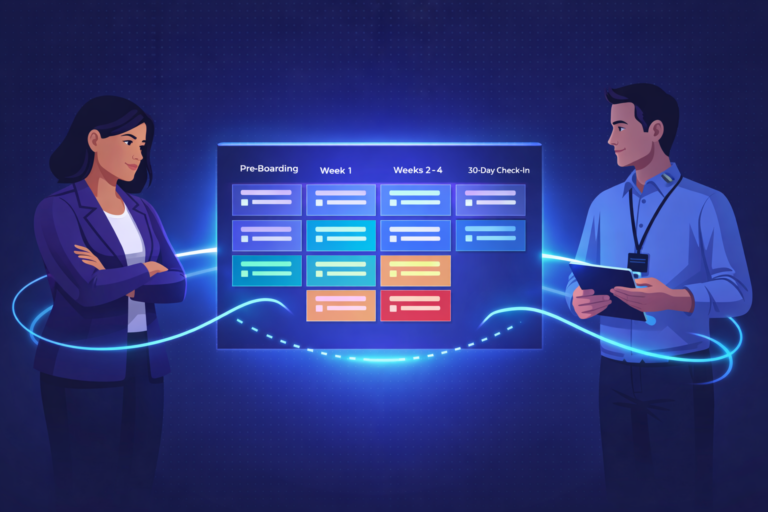 HR professional and IT technician collaborating over a shared onboarding dashboard with automated workflow handoffs
