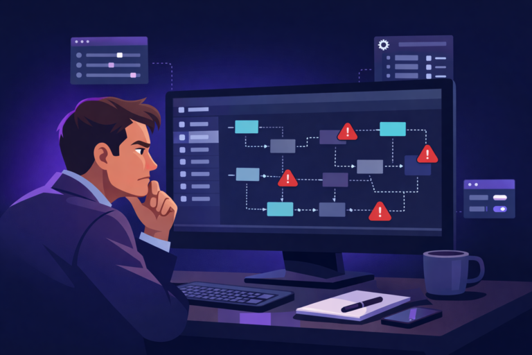 Frustrated recruiter analyzing a broken hiring workflow on a computer screen with disconnected nodes and warning indicators in an ATS-style interface