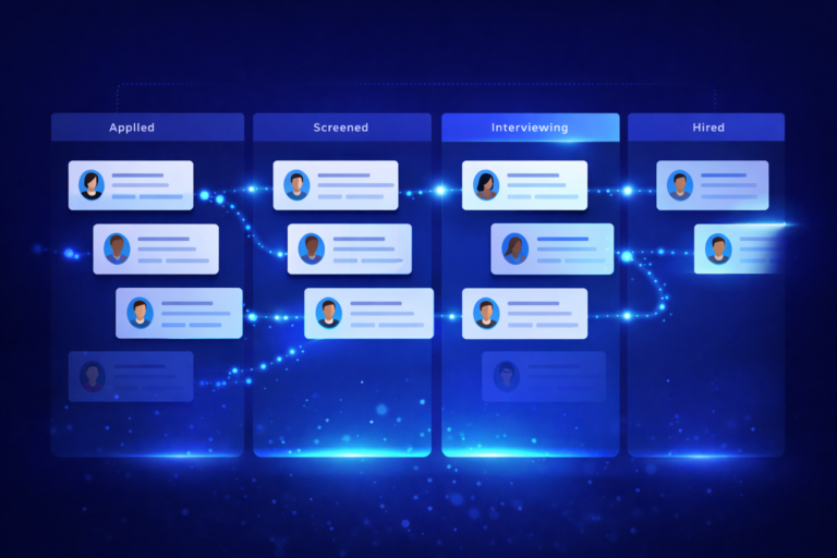 Modern recruiting pipeline dashboard showing candidates moving through a kanban-style hiring workflow with organized stages and smooth progression