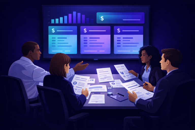 HR and procurement team analyzing iCIMS implementation costs on a dashboard with pricing breakdowns and financial documents