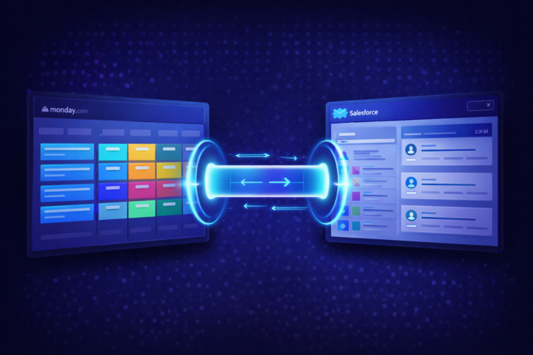 Data pipeline connecting monday.com and Salesforce with real-time bidirectional sync between workflow board and CRM system