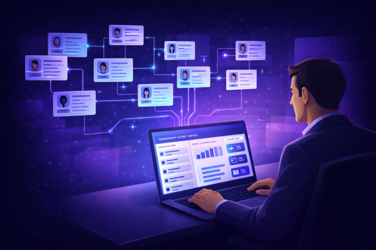Recruiter using iCIMS CRM dashboard to manage talent pools, track engagement scores, and run candidate nurture campaigns