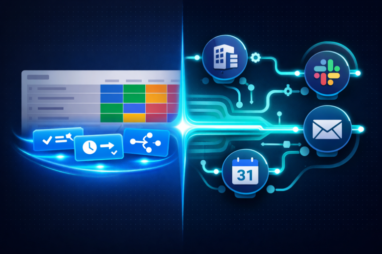monday.com automation vs Make.com workflow comparison showing board automation and visual scenario builder integration