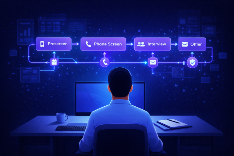 iCIMS workflow automation examples showing recruiting stages from prescreen to hire with automated workflow transitions