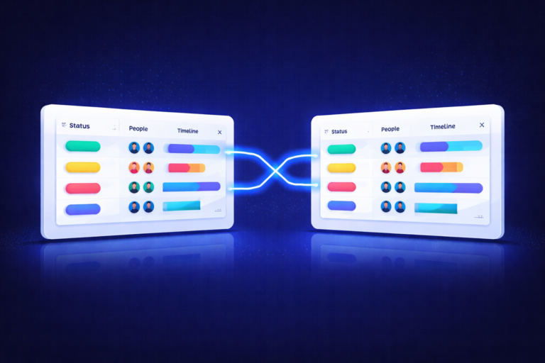 monday.com mirror column showing two connected boards with synced data across status people and timeline columns