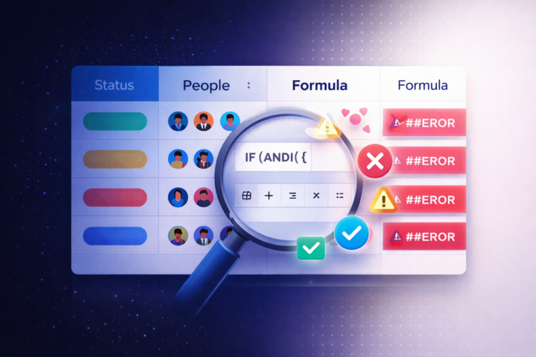 monday.com formula column not working with error indicators and troubleshooting icons on a board dashboard