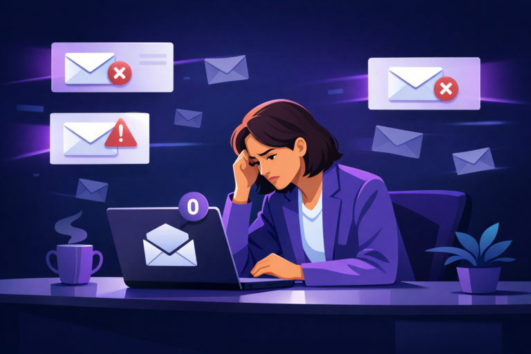 HR recruiter frustrated with empty inbox due to iCIMS email notifications not working, with warning icons and failed email indicators in a corporate tech workspace