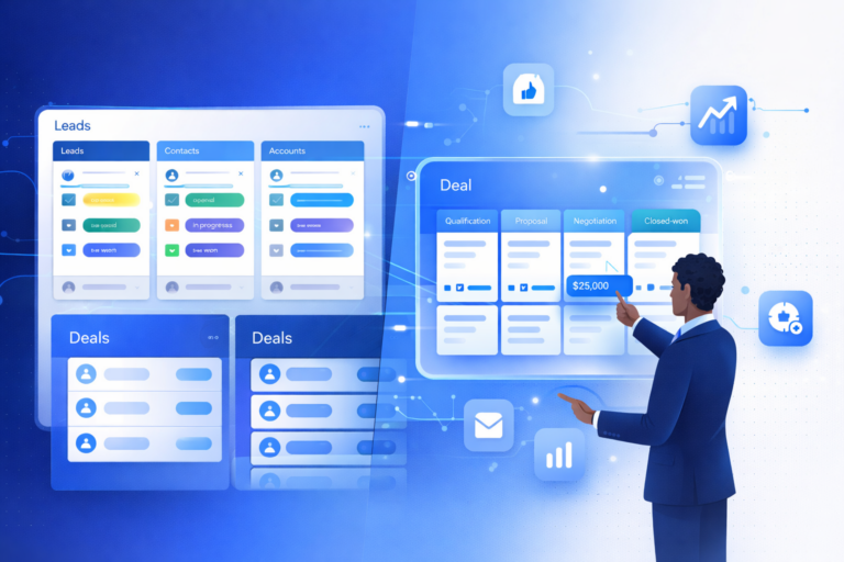 monday.com CRM setup dashboard with leads contacts accounts and deals pipeline visualization