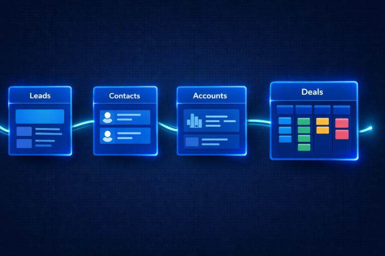 Modern monday.com CRM setup showing leads, contacts, accounts, and deals connected in a visual sales pipeline with data boards and workflow automation.