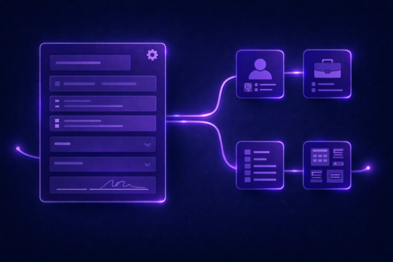 iCIMS iForms setup showing a digital form connected to candidate profiles, job requisitions, and onboarding workflows with automated data flow.