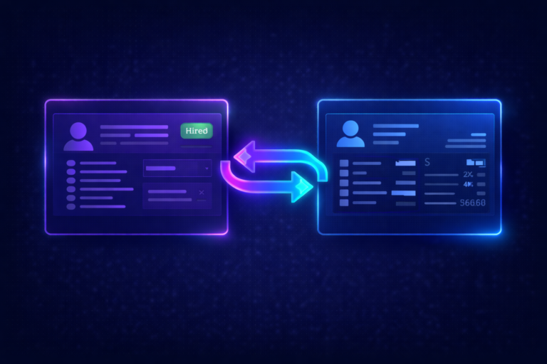 iCIMS ADP Workforce Now integration showing candidate hire data syncing from ATS to payroll system with real-time employee record creation.
