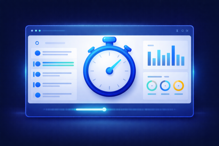 monday.com time tracking setup showing a project dashboard with timer, progress indicators, and time tracking analytics.