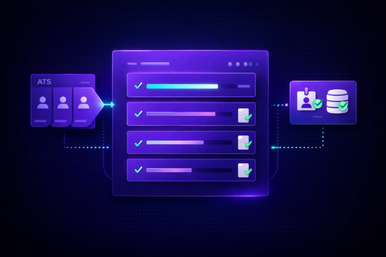 Illustration of iCIMS onboarding setup showing new hire workflow with checklist dashboard, task progress, and system integrations