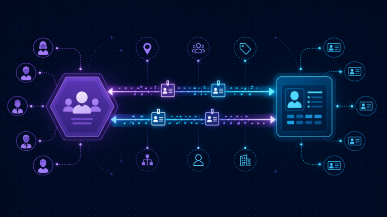 Clean illustration showing iCIMS and UKG Pro integration with a bidirectional data pipeline syncing candidate and employee records using external ID mapping.