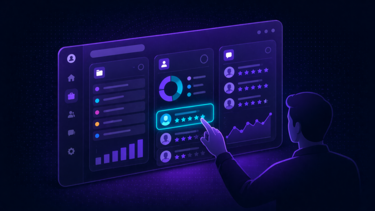 Illustration of iCIMS hiring manager dashboard setup showing a streamlined view of requisitions, candidates, and feedback with a highlighted candidate review panel.