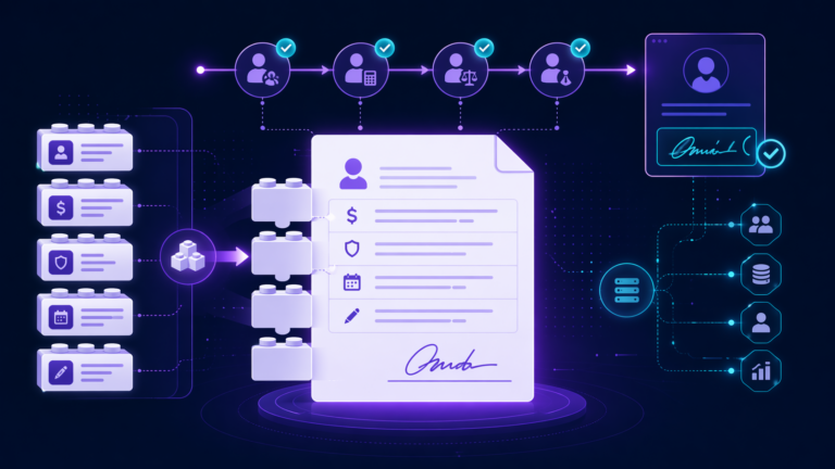 Illustration of iCIMS Offer Management setup showing modular offer letter clauses assembling into a contract with an approval workflow and digital signature handoff.