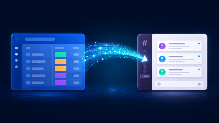 Illustration of monday.com Slack integration setup showing a board sending automated notifications to a Slack channel through a connected data flow.