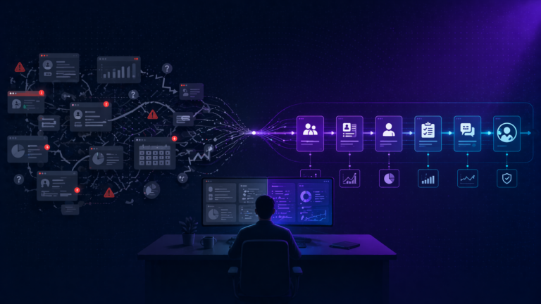 Illustration showing a dedicated iCIMS Administrator transforming chaotic recruiting workflows into a structured, streamlined ATS pipeline.