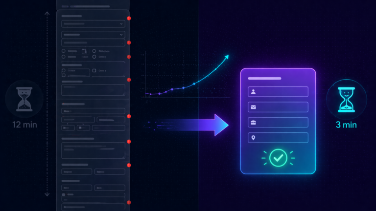 Illustration of iCIMS application flow optimization comparing a long, complex application form with a streamlined, high-conversion candidate experience.