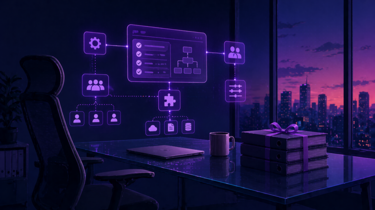 Illustration of iCIMS admin transition showing a vacant workspace with system workflows and documentation handed off for continuity.
