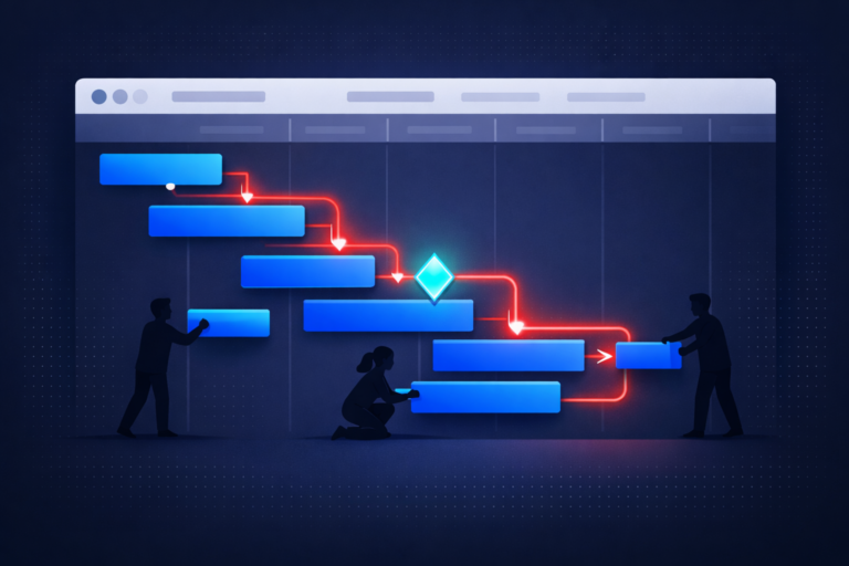 Modern illustration of a monday.com Gantt chart setup with task dependencies, milestone marker, and team members adjusting project timelines in a digital workspace.