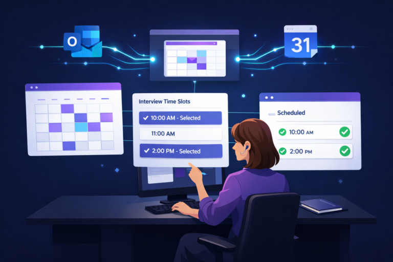 Recruiter managing interview scheduling workflow with calendar integrations and confirmed time slots in iCIMS interview scheduling setup