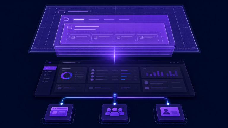 Layered architectural blueprint floating above a modern ATS dashboard interface, showing nested workflow containers connected to user groups, candidate profiles, and career portal icons with glowing purple and cyan connection lines on a dark navy background.